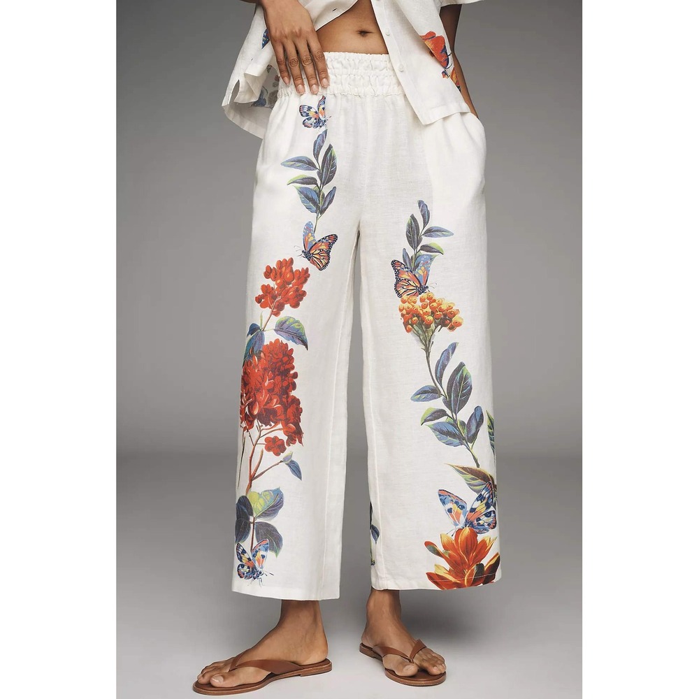 NWT Anthropologie Somerset 100% Linen Pull-On Pants S Ivory Floral Wide Leg